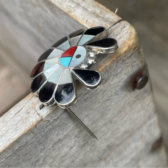Vintage Signed Zuni Inlay Sun Face Pendant Pin Turquoise Coral Onyx MOP TigerEye - Picture 7 of 12